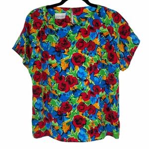 Vintage 90s Impressions Colorful Floral Top Short Sleeve Blouse Red Roses Bright